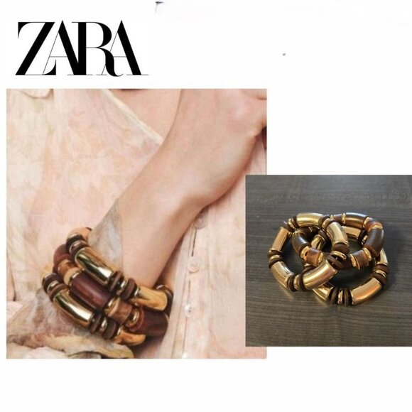 New Zara Trio of wood and metal Elastic Bracelets - Picture 1 of 3
